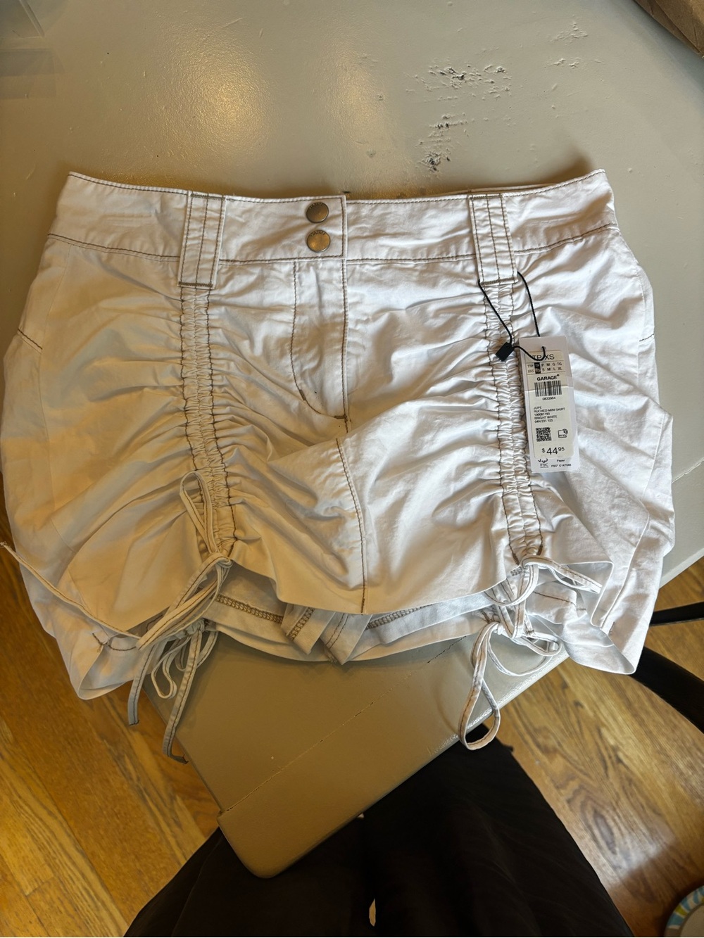 Garage White Ruched Drawstring Mini Skirt